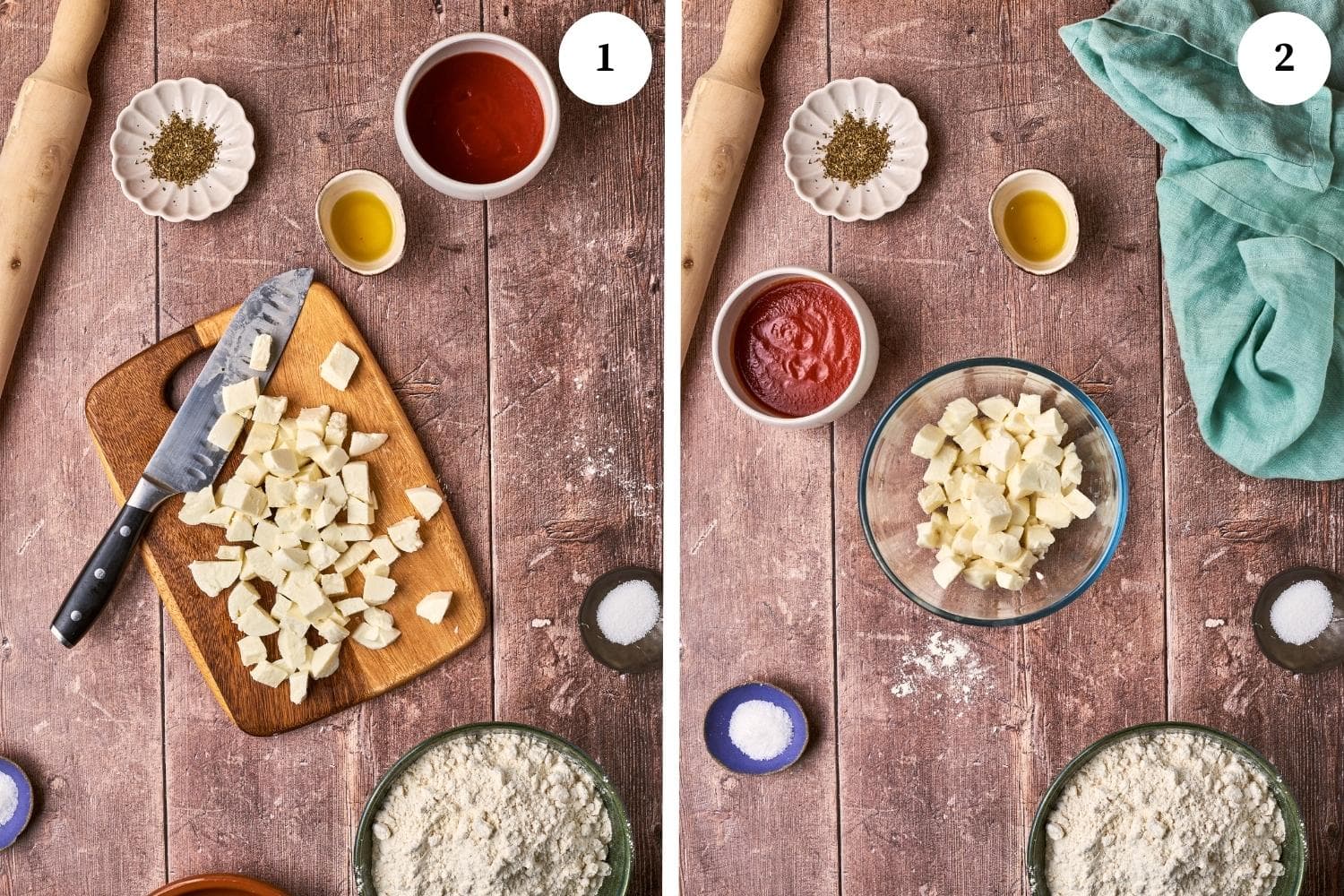 Step by step for making panzerotti: slice the fresh mozzarella into small cubes.