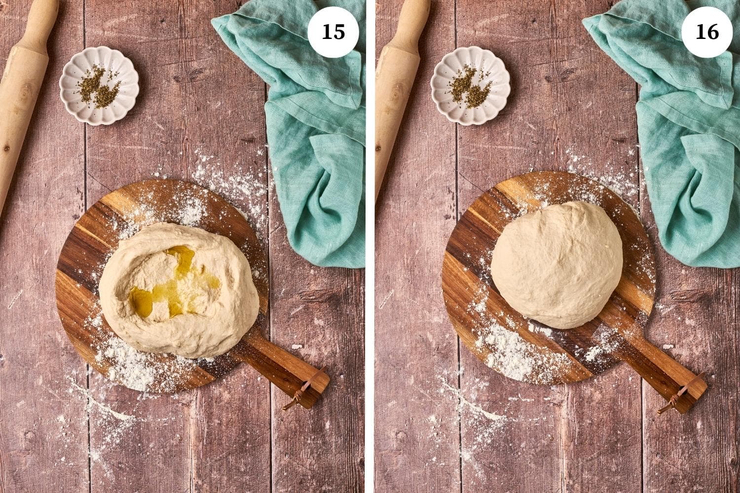Step by step for making panzerotti: add the olive oil and knead the dough.