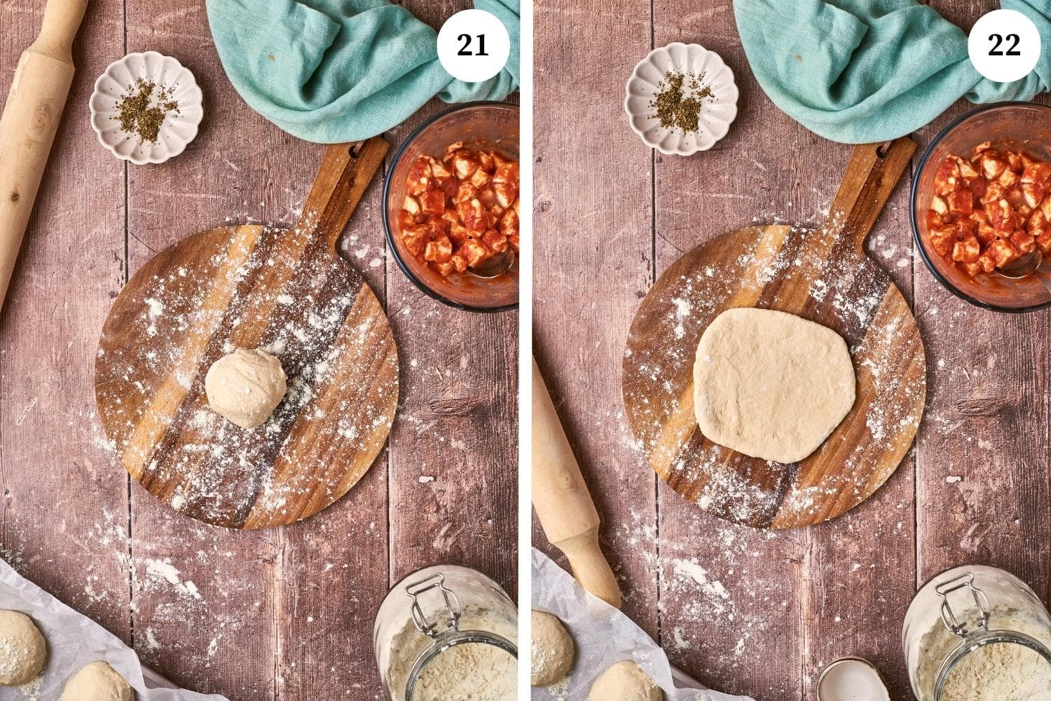 Step by step for making panzerotti: roll out the balls of dough into small circles on a lightly floured work surface.