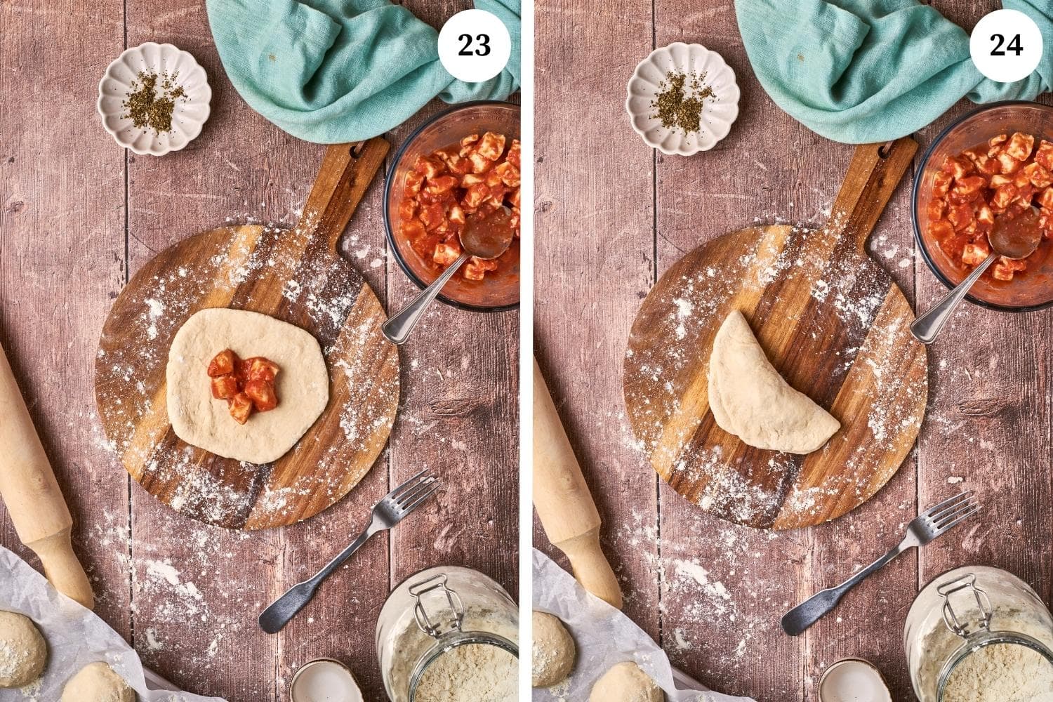 Step by step for making panzerotti: place a spoonful of the filling in the center of each piece of dough and fold the dough over to form a half-moon shape. 