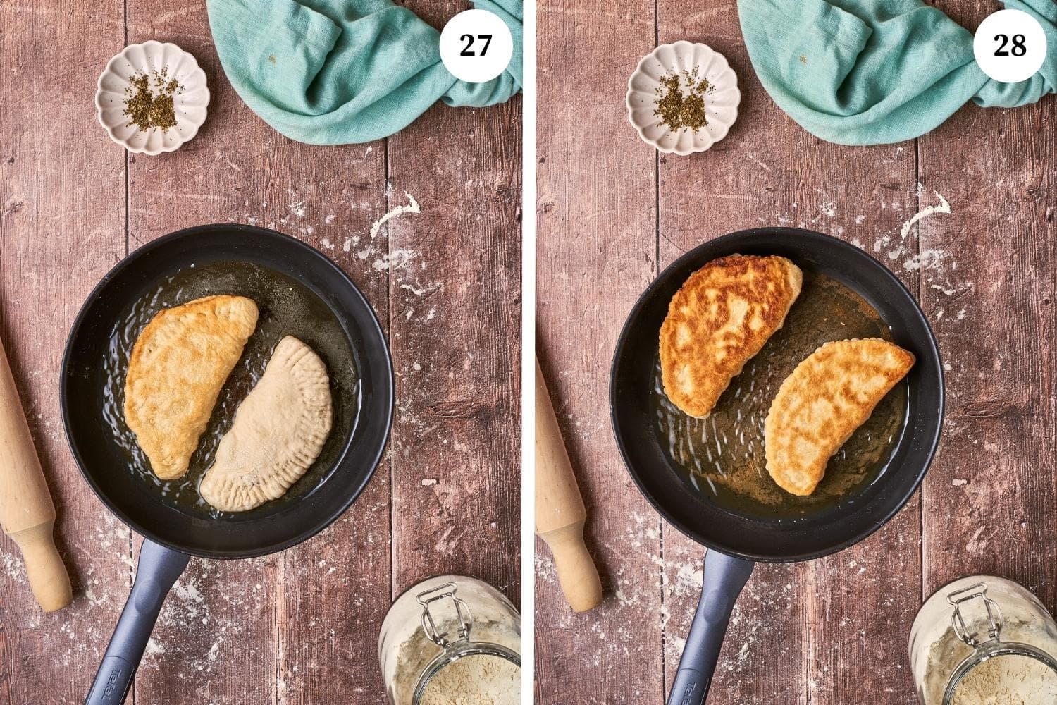 Step by step for making panzerotti: add the panzerotti to the hot oil and then fry them on each side 