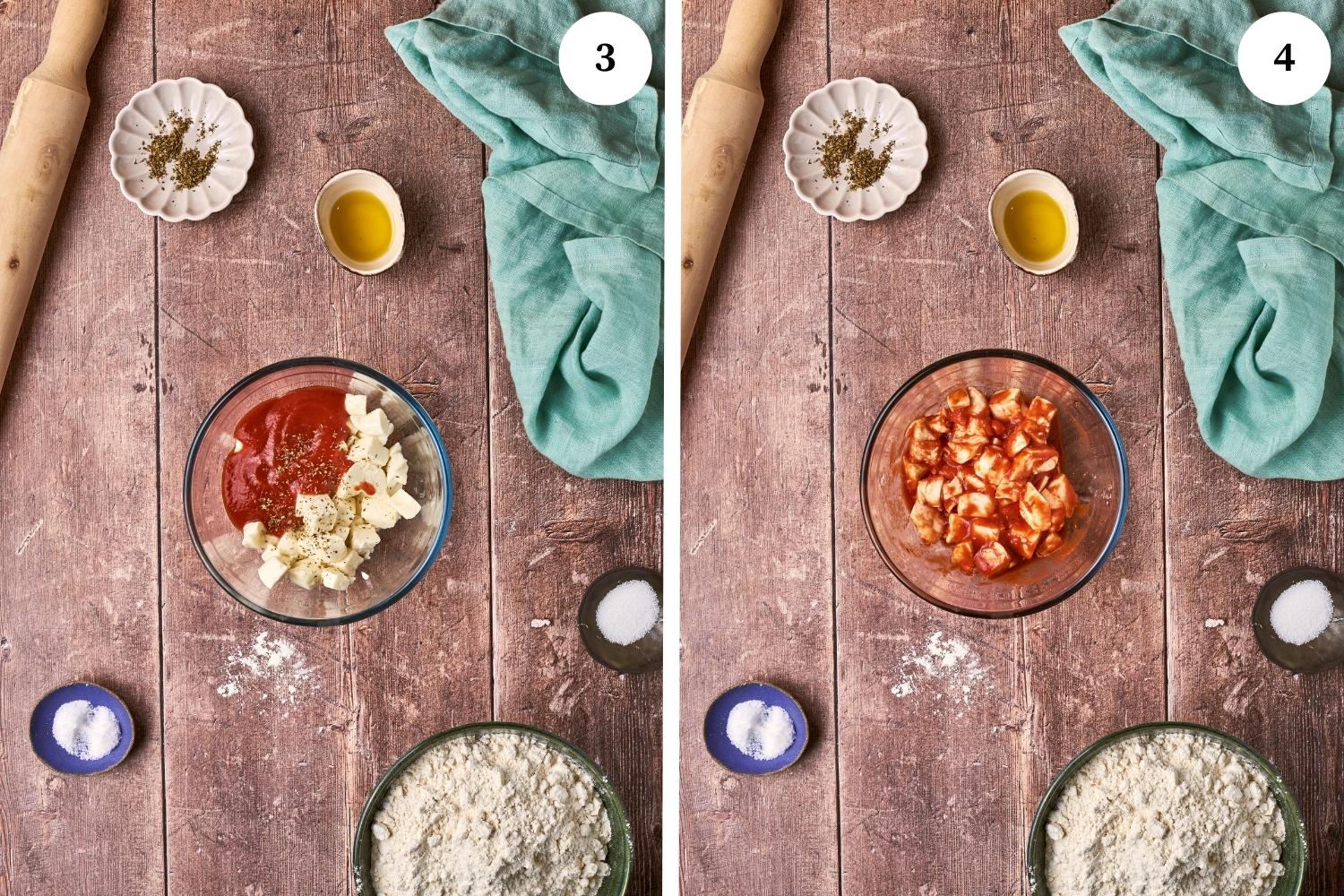 Step by step for making panzerotti: put the cheese with the tomato puree and mix together.