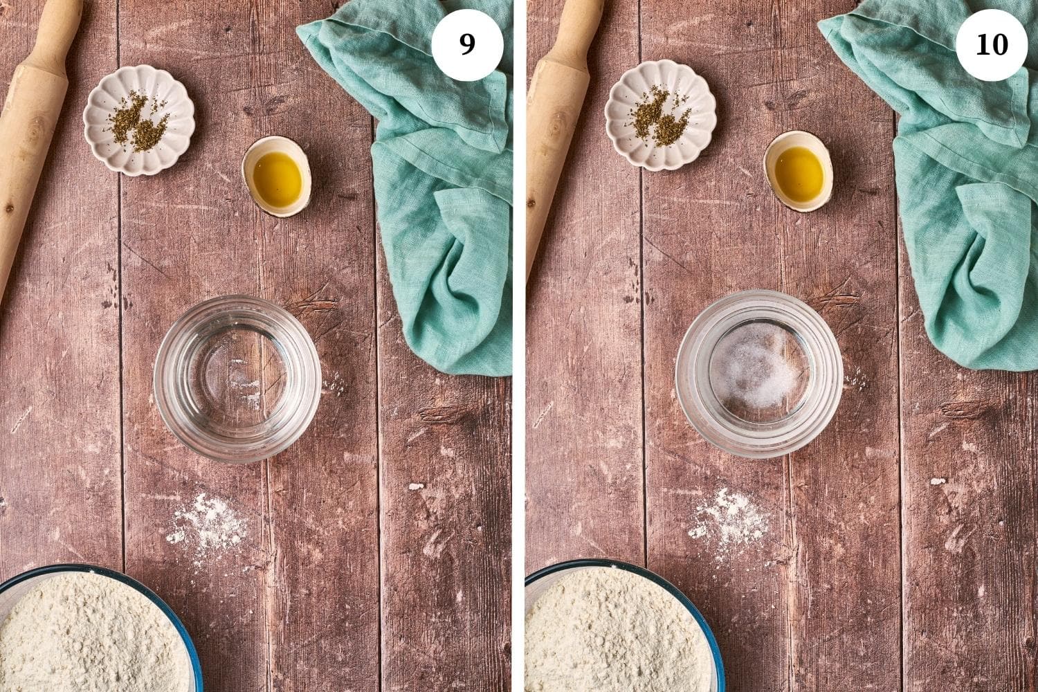 Step by step for making panzerotti: combine warm water with coarse salt.