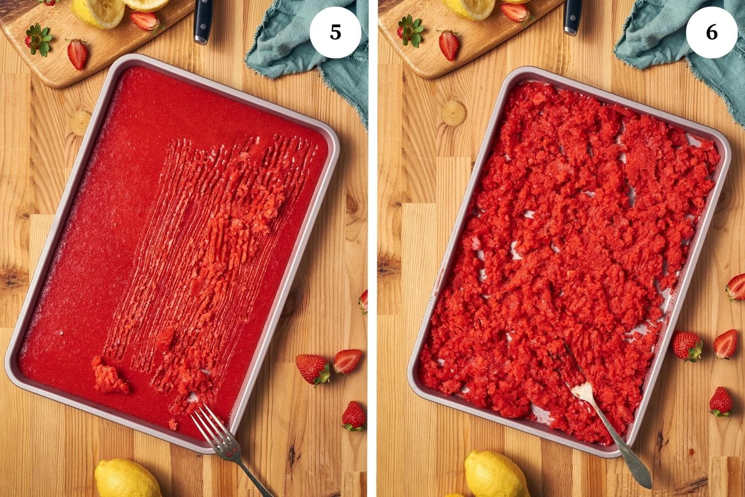 process for making granita, take out the metal pan from the freezer and scrape it with a fork