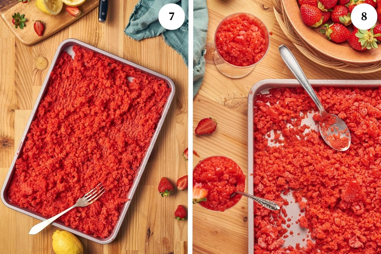 process for making granita, put the metal pan with the scraped granita in the freezer for 30 minutes. After another couple of times, transfer the granita in a serving glass and enjoy