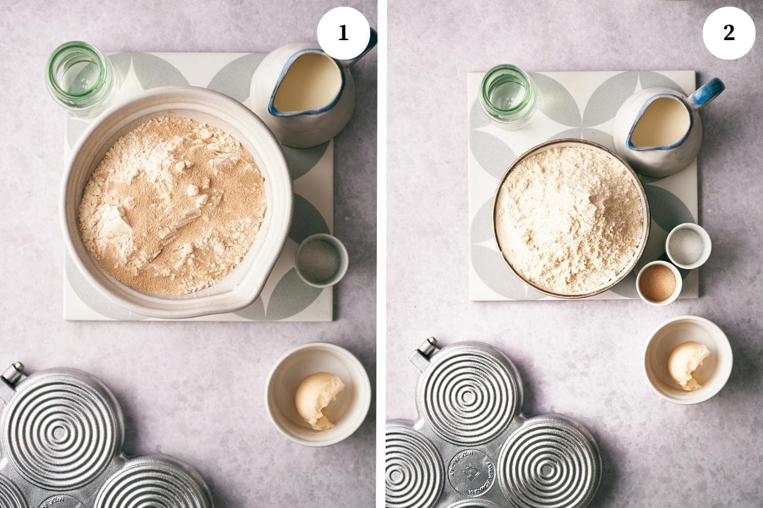 Process of making Tigelle Foccaccine Bread: Place the flour and dry yeast in a bowl and mix together.