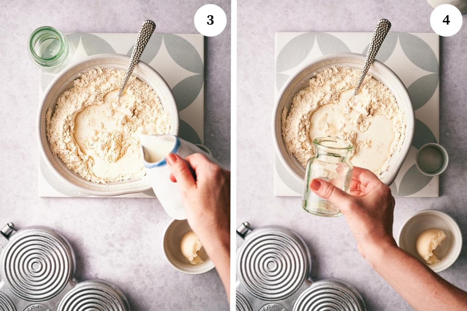 Process of making Tigelle Foccaccine Bread: add all the liquid.