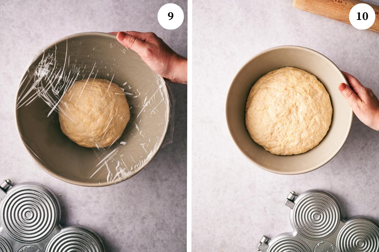 Process of making Tigelle Foccaccine Bread:  put it in a clean bowl and cover with plastic wrap.