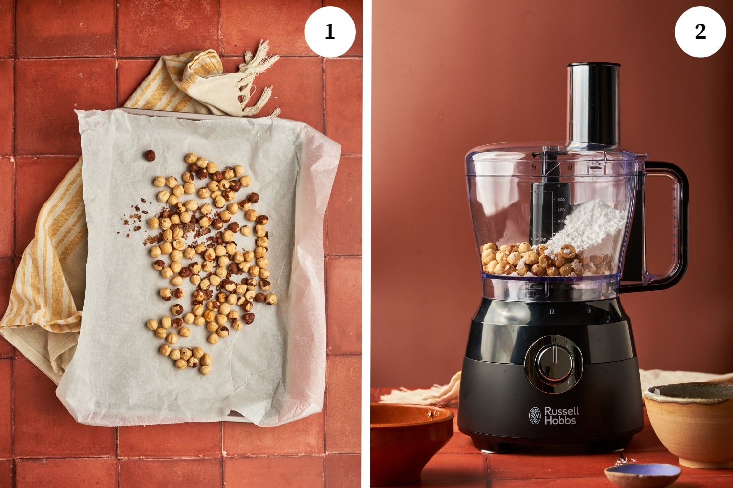 first image is toasted whole hazelnuts on a rectangle sheet pan lined with parchment paper. second image is a food processor with hazelnuts inside.