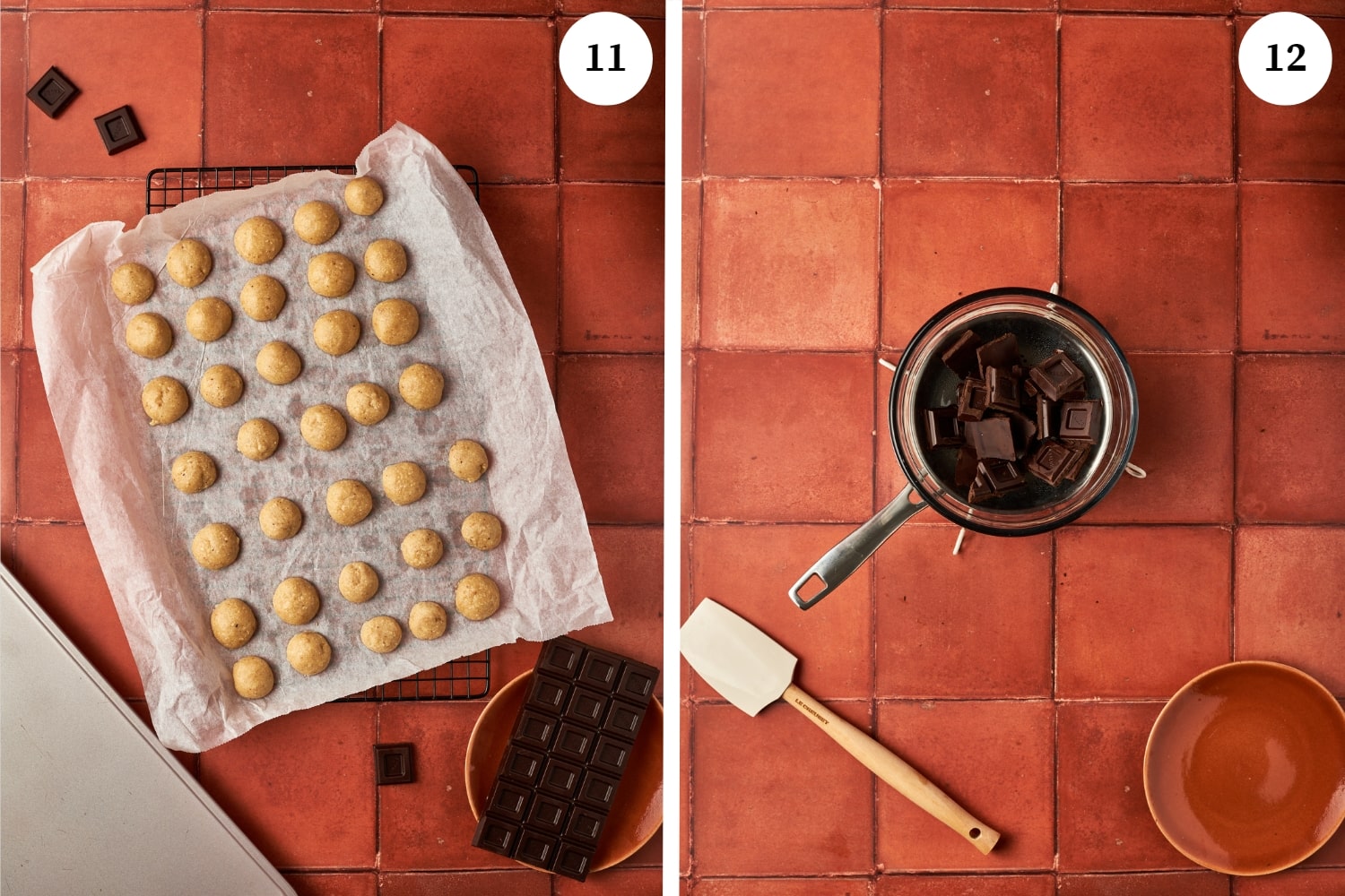 first photo is a pan of baked baci di dama cookies beside a bowl of dark chocolate. other photo is a glass bowl with dark chocolate blocks inside on top of a saucepot.