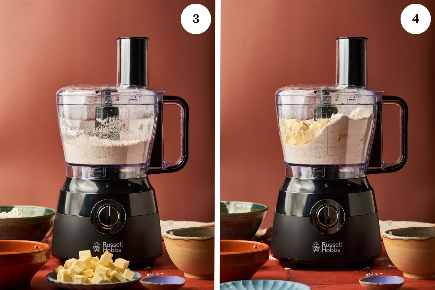 photo 1 is a food processor with finely ground almonds and sugar. photo 2 is a food processor with ground dry ingredients with butter added.