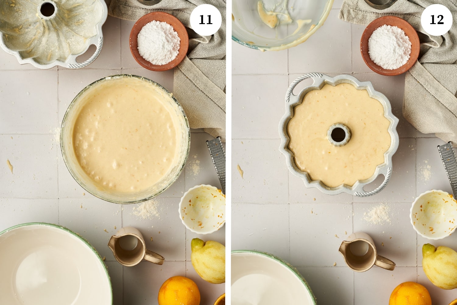 mixed batter in a bowl. batter in a bundt pan.