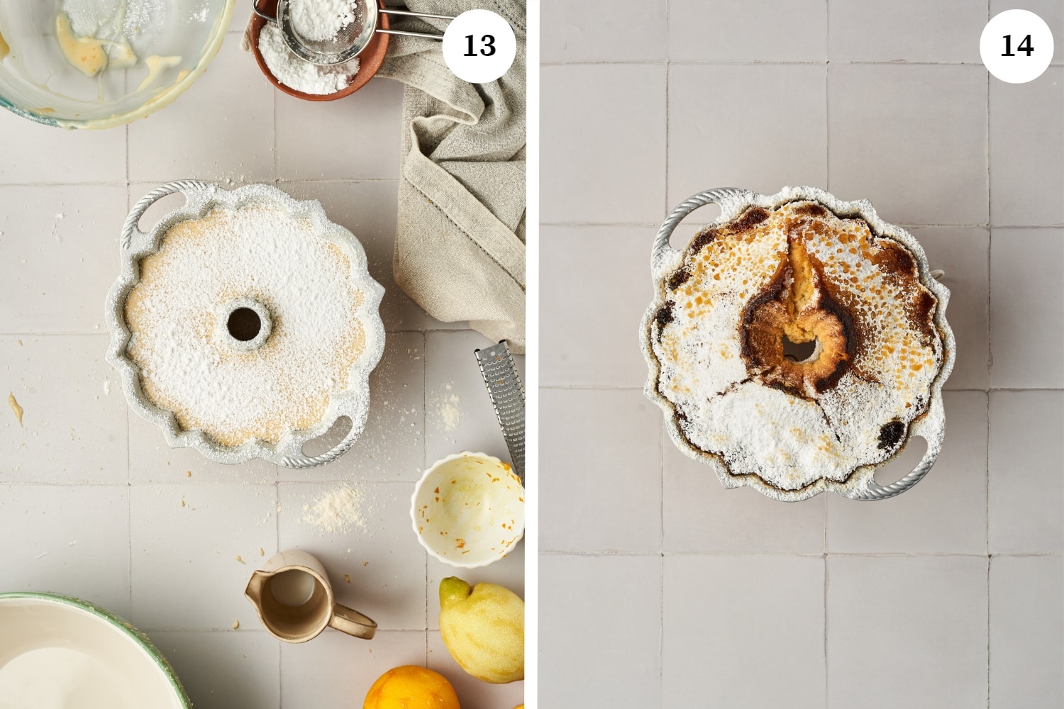 batter in a bundt pan dusted with powdered sugar on top. baked cake in a bundt pan.