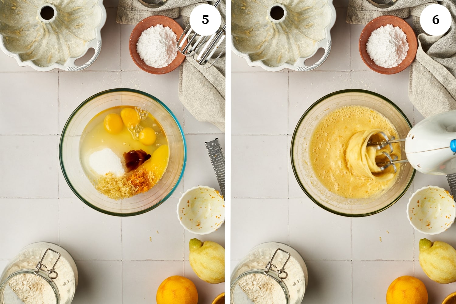a mixture of eggs, sugar, vanilla and orange and lemon zest in a large glass bowl. mixing of the batter with an electric mixer.