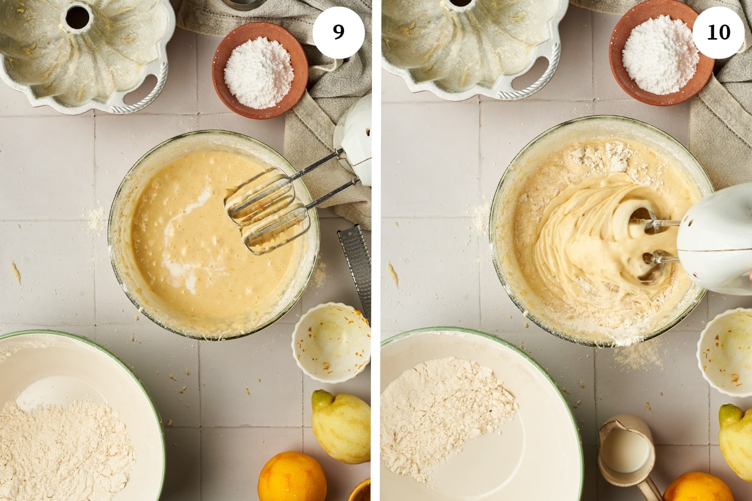 batter with oil on top. batter being mixed with an electric hand mixer.