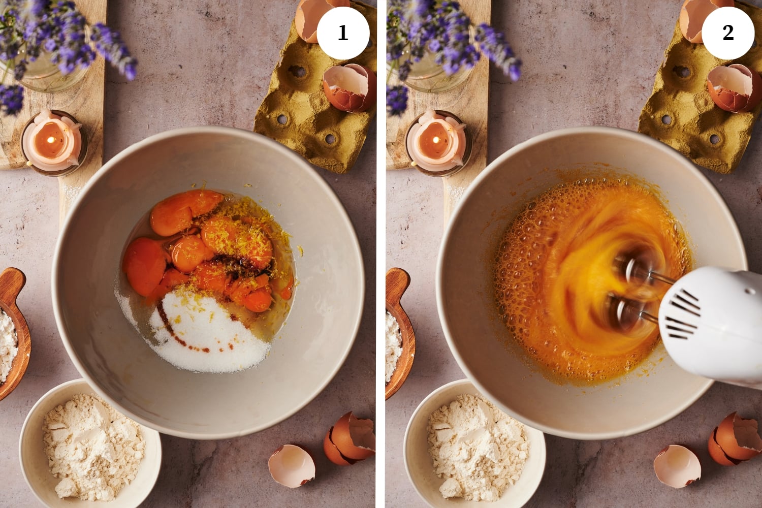 italian sponge cake procedure a large mixing bowl with eggs, white sugar, vanilla extract and orange rind inside. other photo is the ingredients inside the large mixing bowl is being mixed by an electric mixer.
