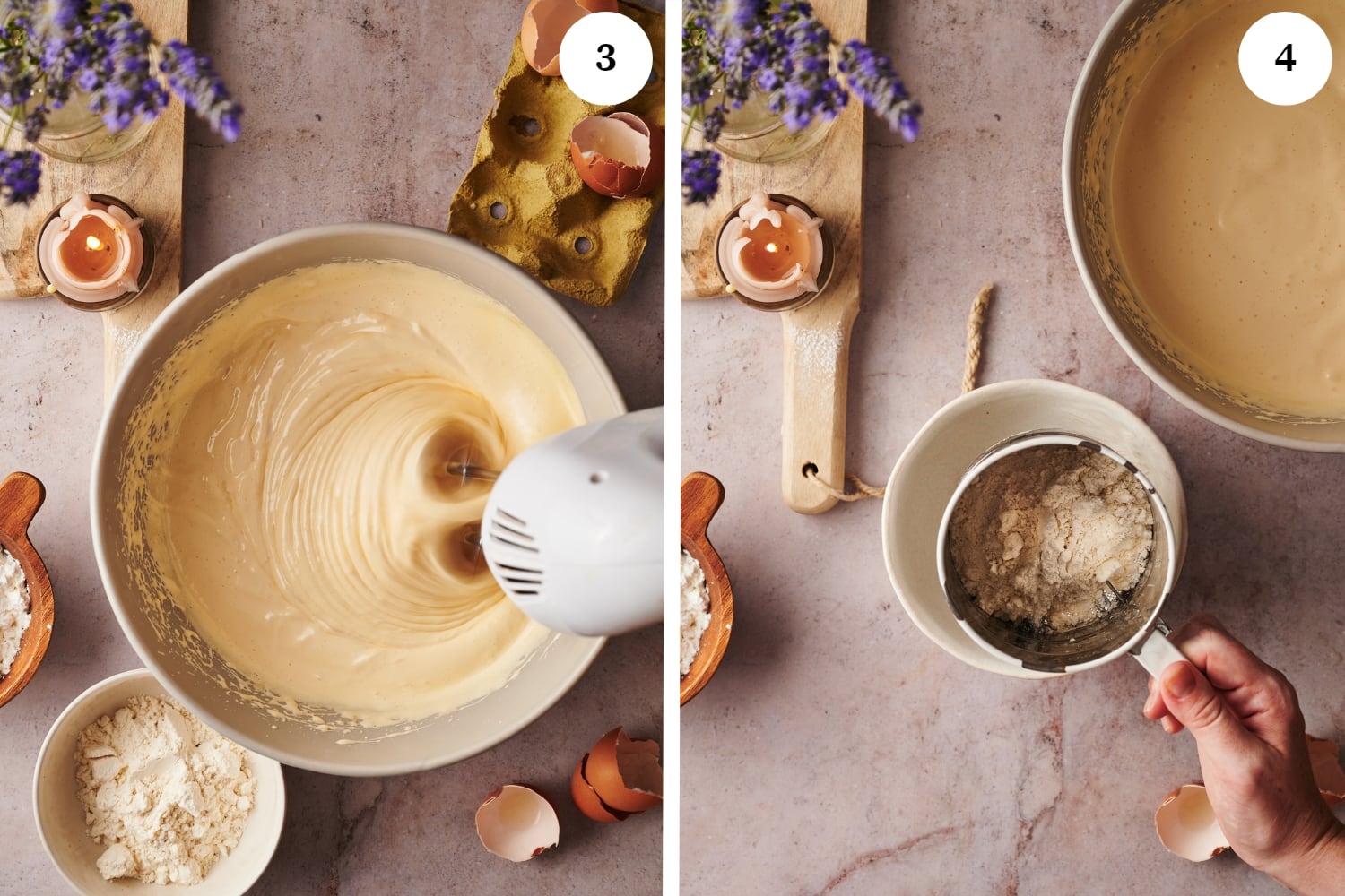 italian sponge cake procedure: bowl of batter mixed into a slightly dense batter. other photo is sifting flour using a metal sifter into a white bowl.