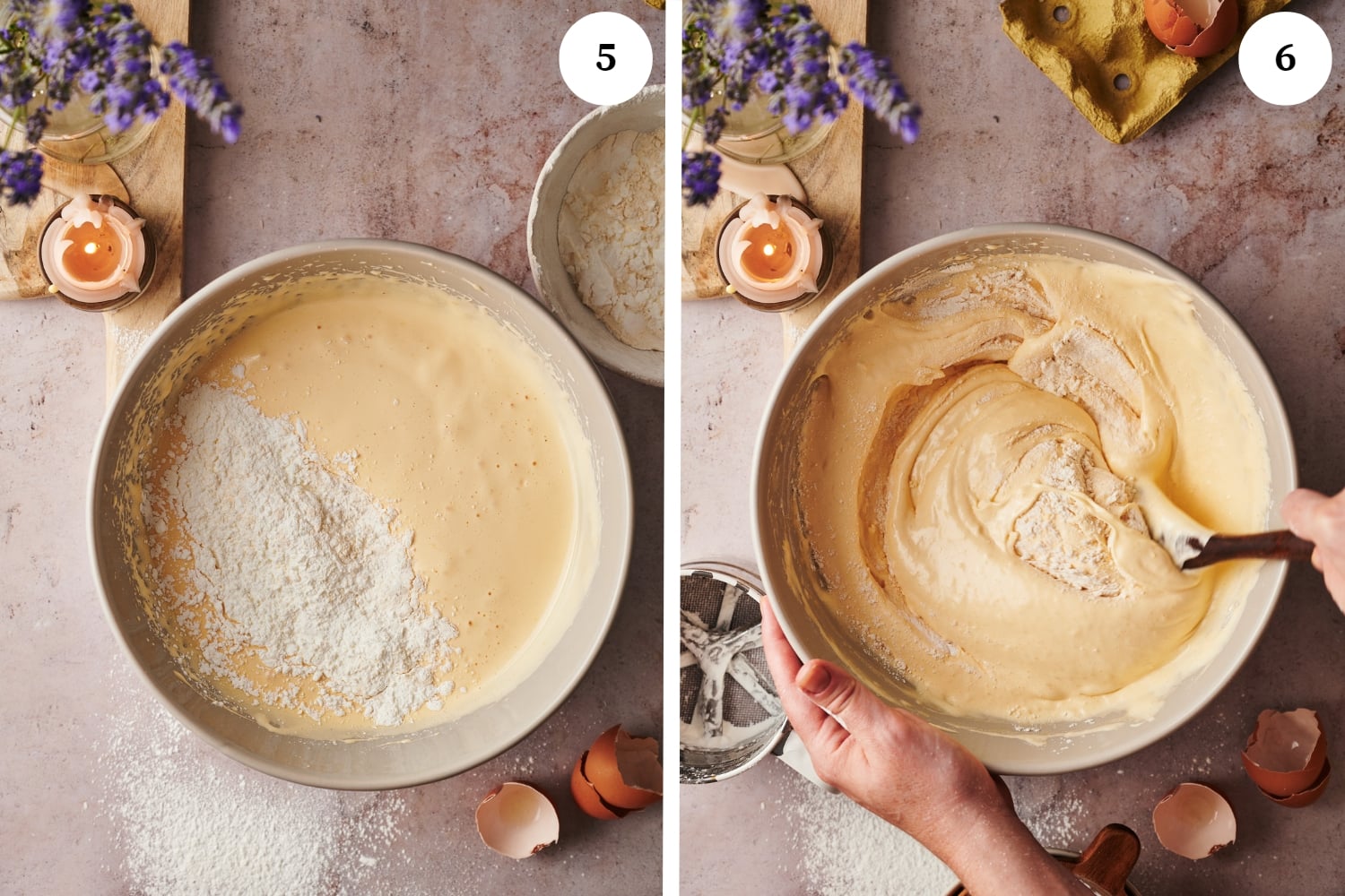 italian sponge cake procedure: batter in a large mixing bowl with flour on top. next photo is batter being mixed with a wooden spoon
