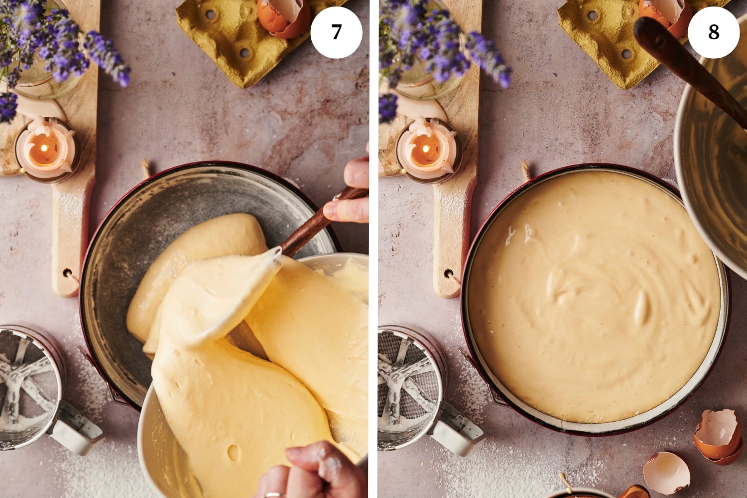 italian sponge cake procedure: pouring the batter into a round pan dusted with flour. other photo is batter in a round pan.