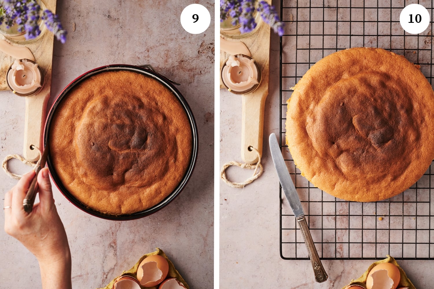 baked italian sponge cake running a knife on the sides of the pan. next photo is the italian sponge cake removed from the pan on a cooling rack.