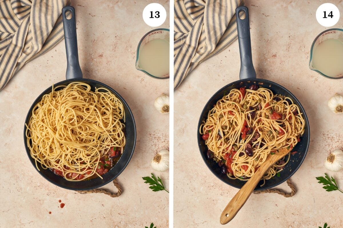 step by step process for making  puttanesca sauce: add the spaghetti to the pan and the pasta cooking water. mix for 1 minute.