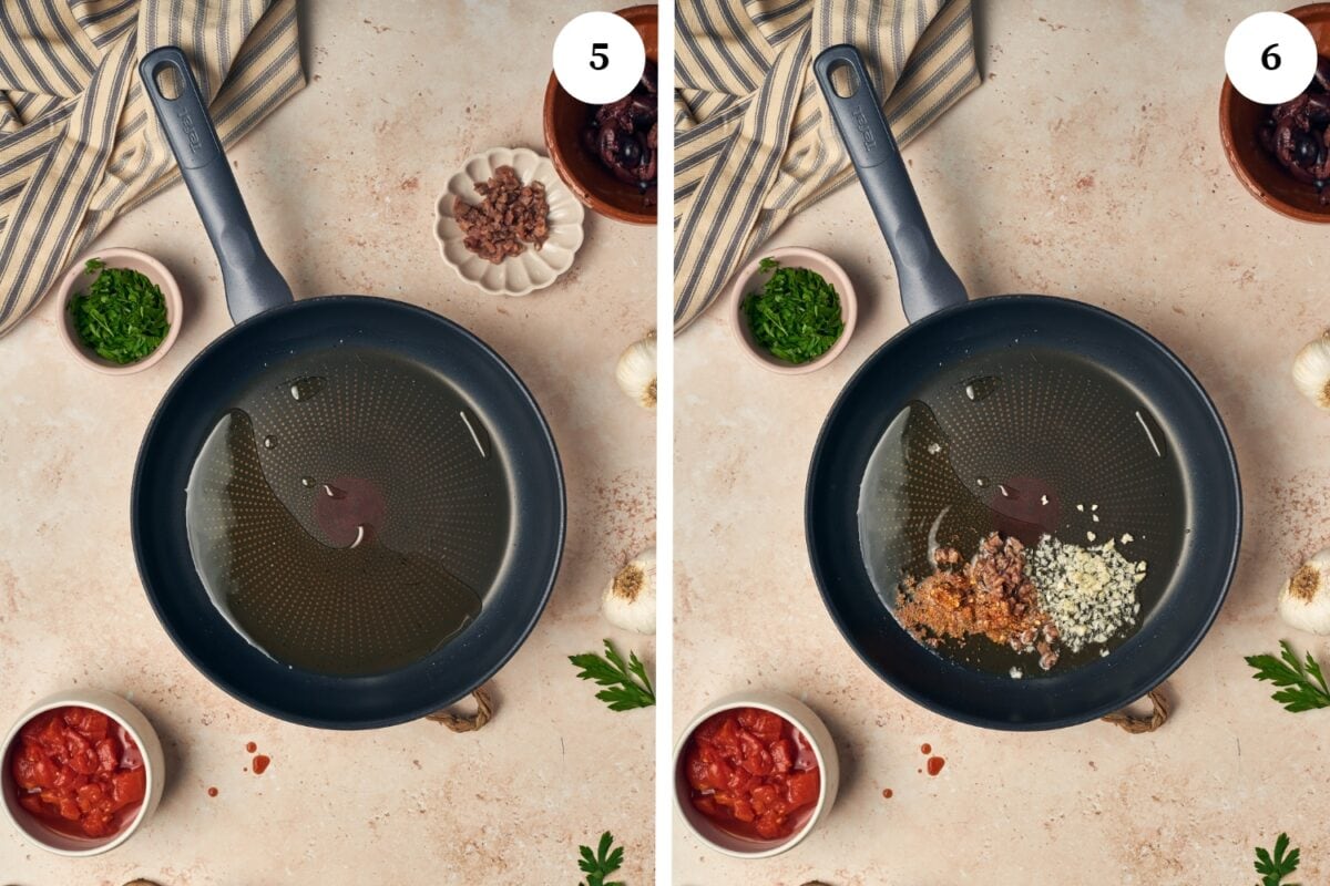 step by step process for making puttanesca sauce: heat the olive oil and then add the chopped garlic and chopped anchovies