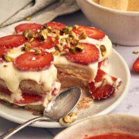 picture of strawberry tiramisu close up on a plate