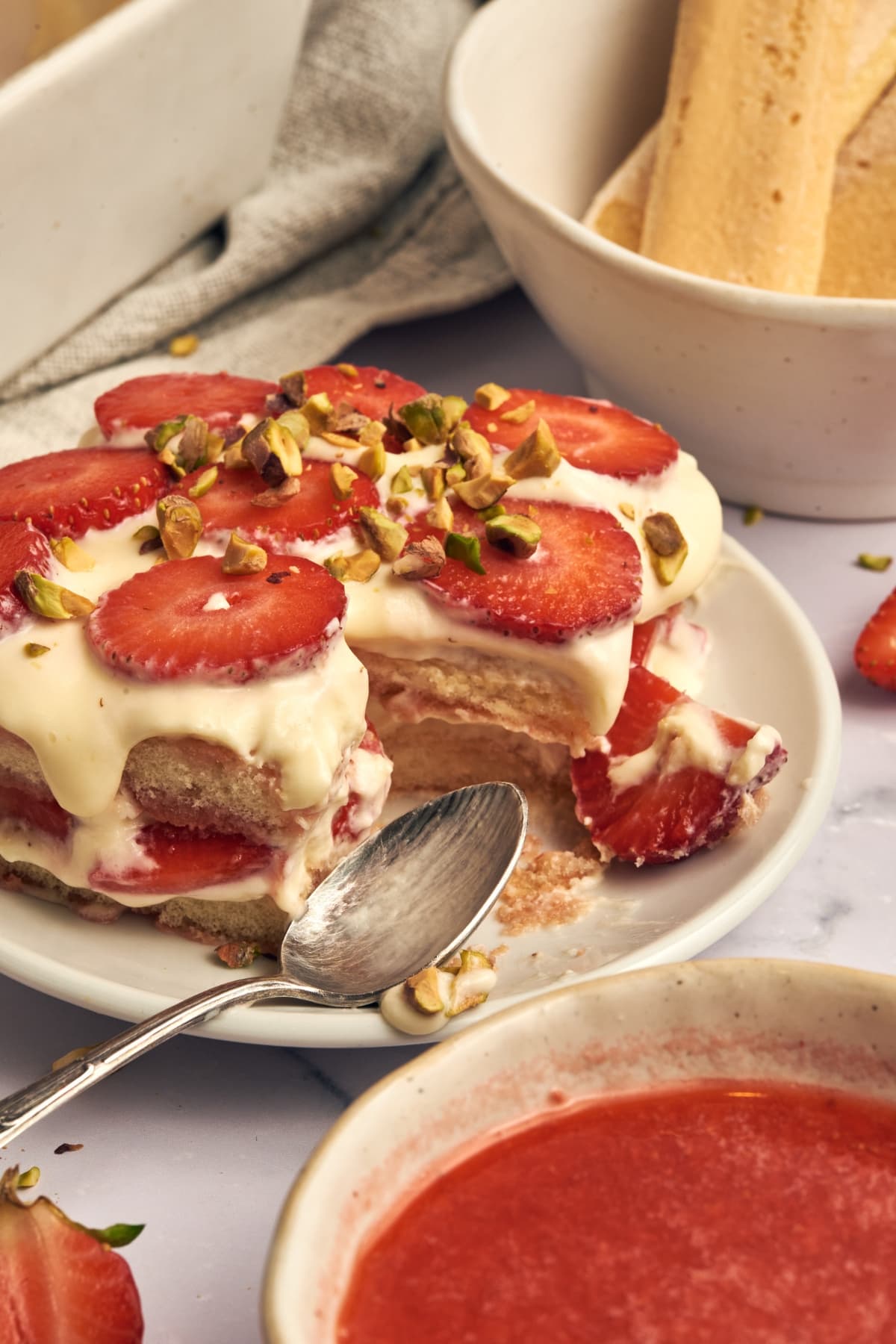 picture of strawberry tiramisu close up on a plate
