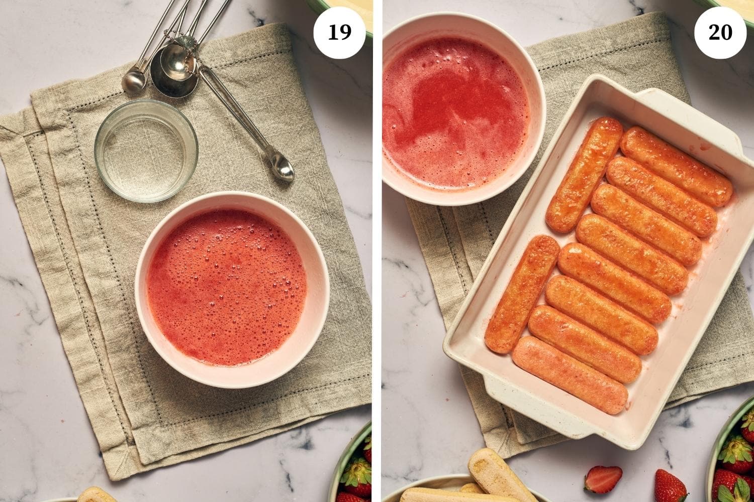 Process for assembling the strawberry tiramisu: dilute the syrup with water and immerse the lady fingers into the strawberry syrup and place it in the baking dish