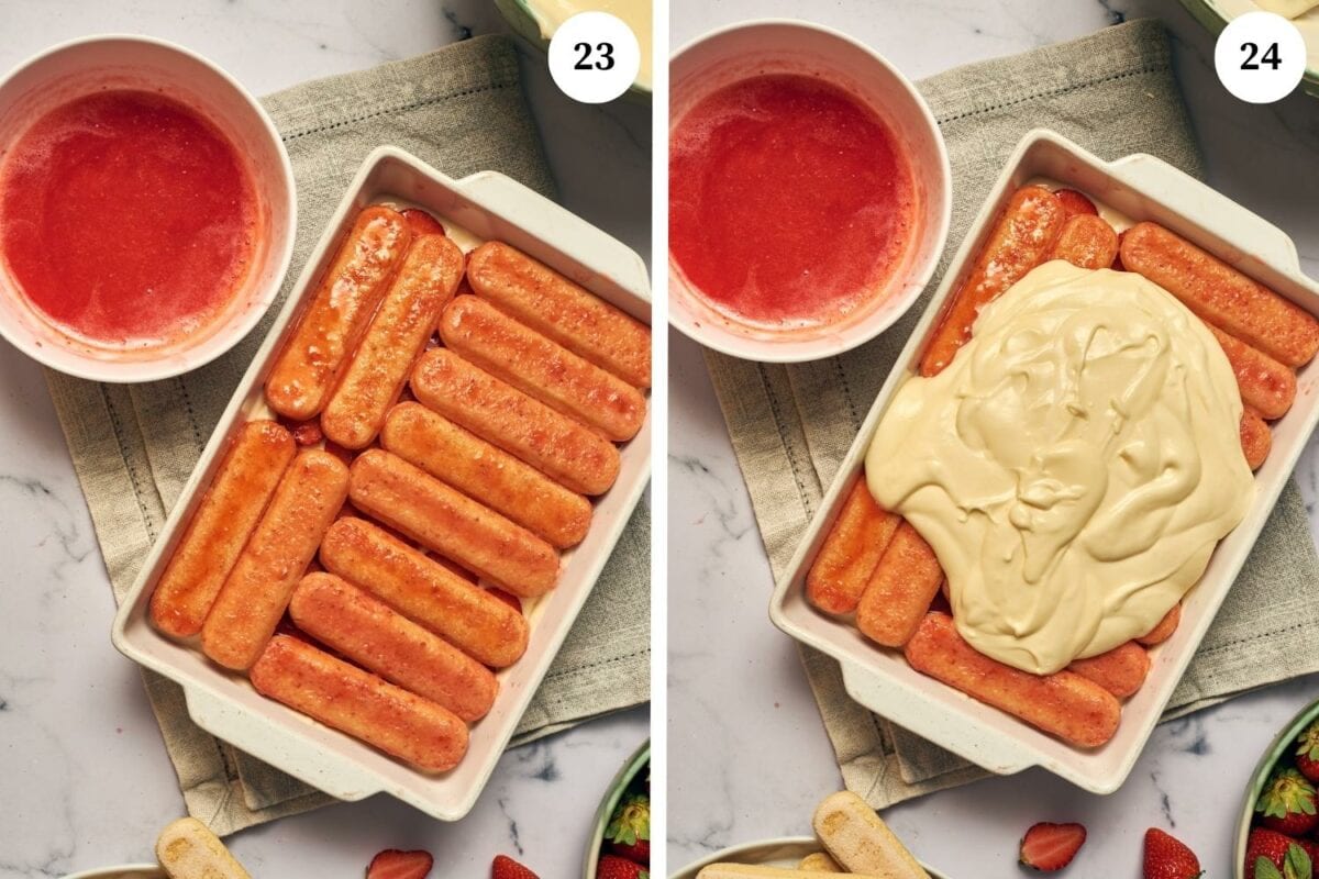 Process for assembling the strawberry tiramisu: place another layer of dipped lady fingers and spread the mascarpone cream mixture and spread it on top