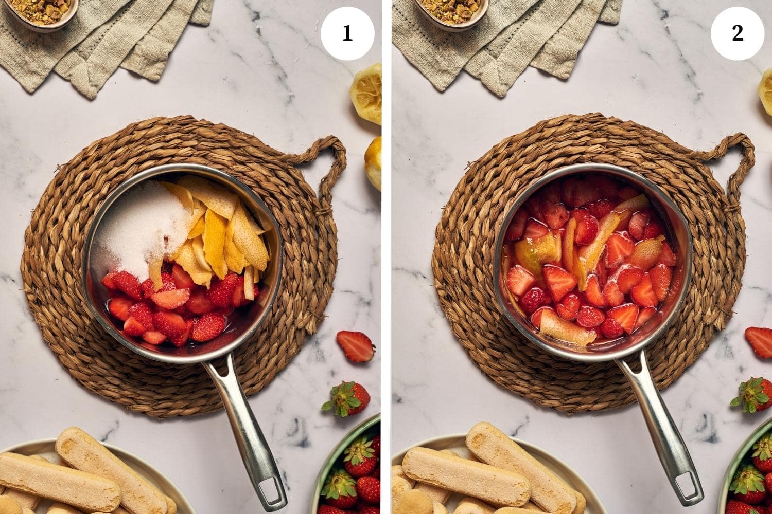 Process for making strawberry syrup for strawberry tiramisu: put the strawberries with the sugar, lemon rind and water in a small pot