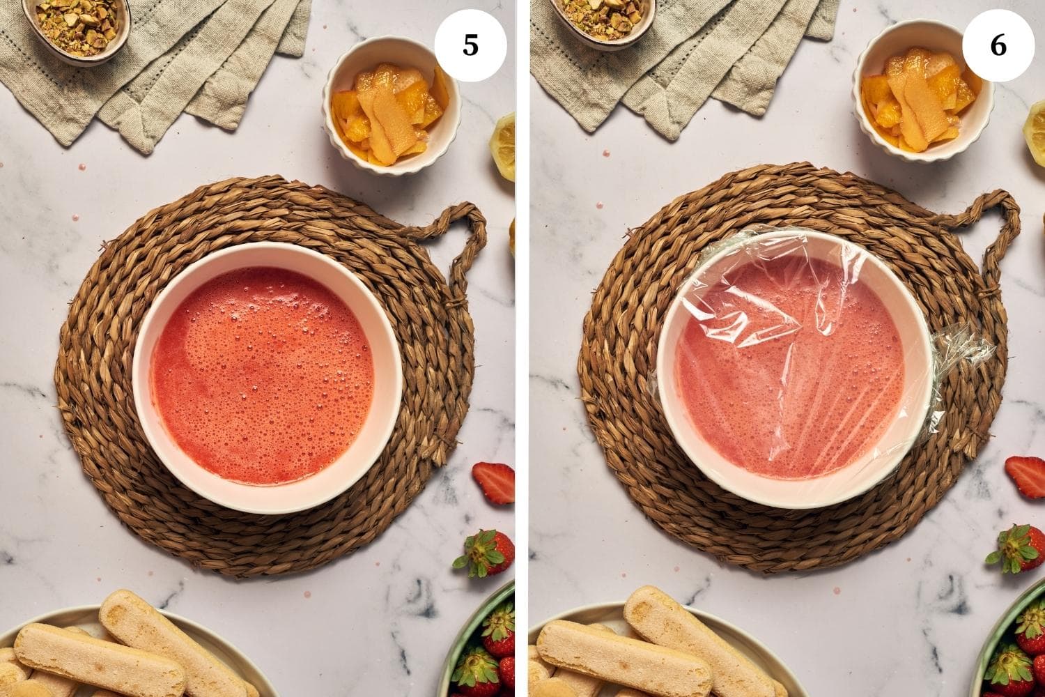 Process for making strawberry syrup: cover the strawberry syrup with a plastic film and put in the fridge