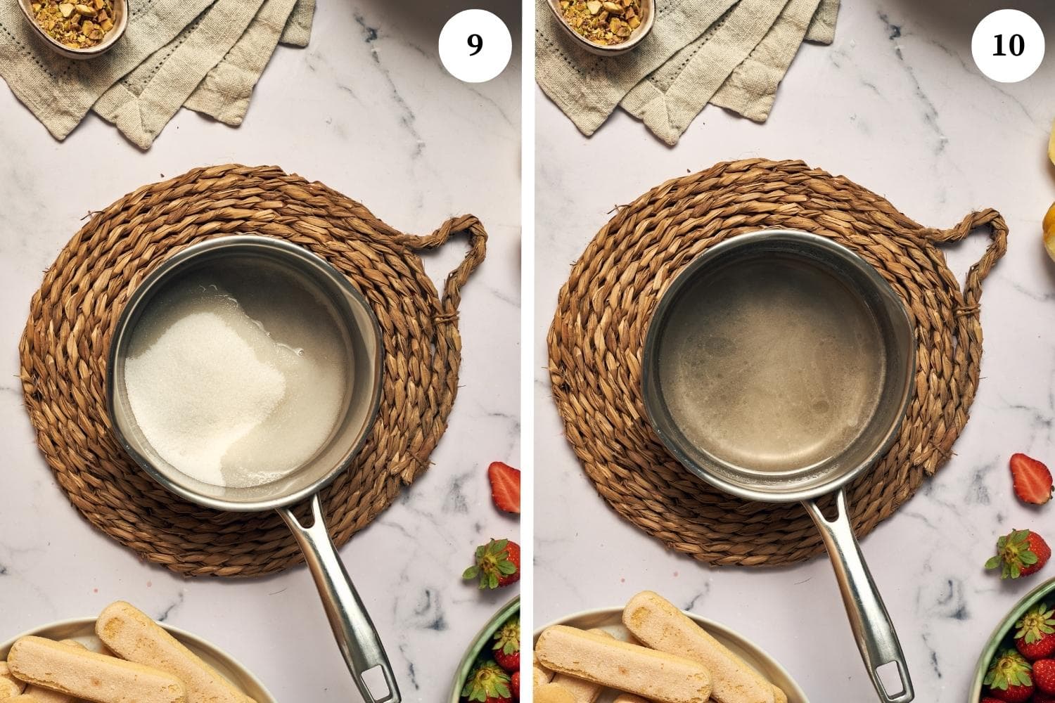 Process for making mascarpone cream: put the sugar and the water in the small pot to dissolve