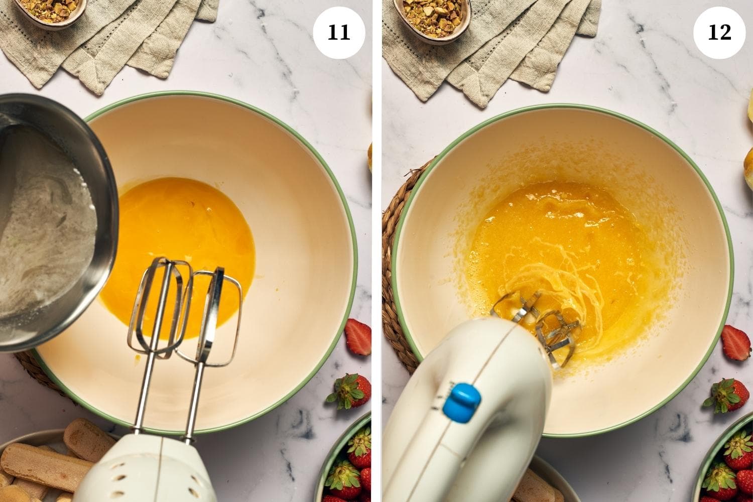 Process for making mascarpone cream: pour the simple syrup in the bowl with the egg yolks and blend