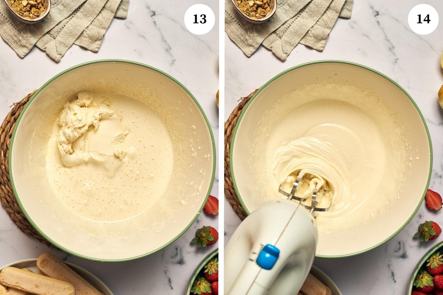 Process for making mascarpone cream: take the mascarpone cheese and gently fold it into the egg yolks and simple syrup mixture