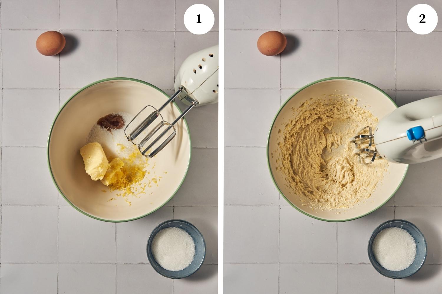 almond cookies procedure. photo one is a bowl with some ingredients in it. next photo is ingredients mixed with an electric mixer.