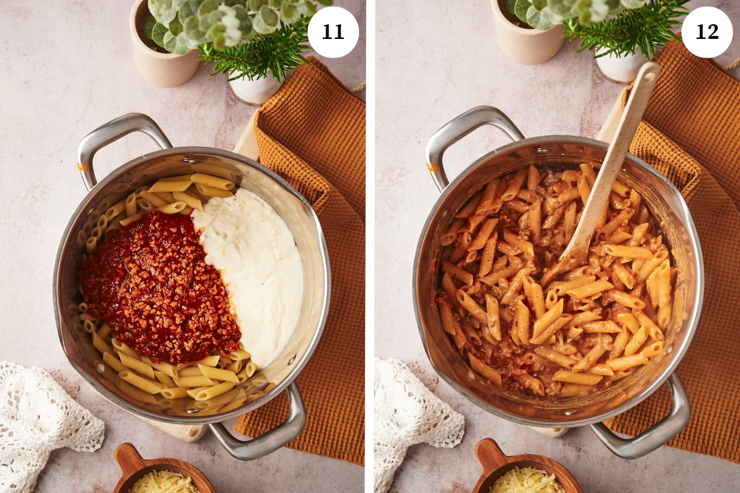 baked penne procedure: penne pasta meat sauce and bechamel sauce in a pot. next photo is all of the sauces and pasta combined.