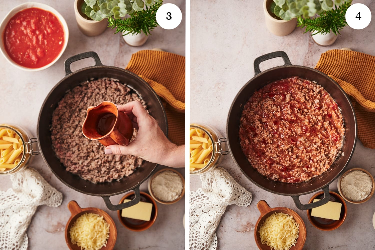 baked penne procedure: white wine being added to the ground beef. other photo, crushed tomatoes are added to the ground beef.