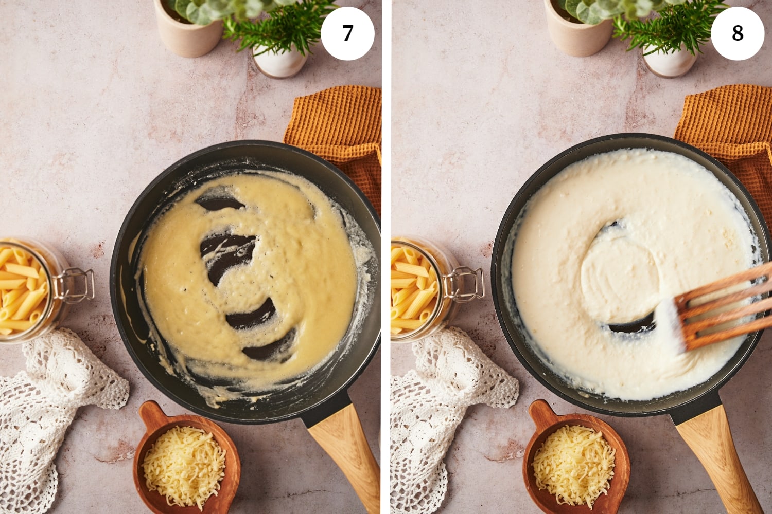 baked penne procedure: first photo is butter and flour cooking together in a pan. next photo is milk is added to the roux.