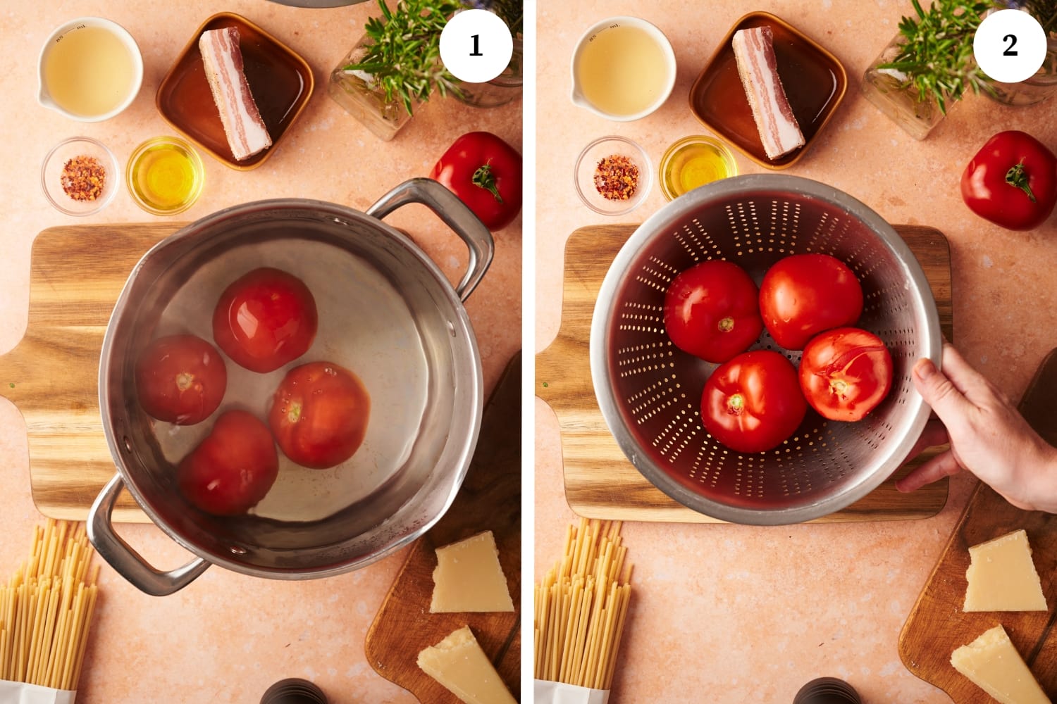 amatriciana procedure: big pot with steaming water with tomatoes in it. next photo, colander with tomatoes inside.