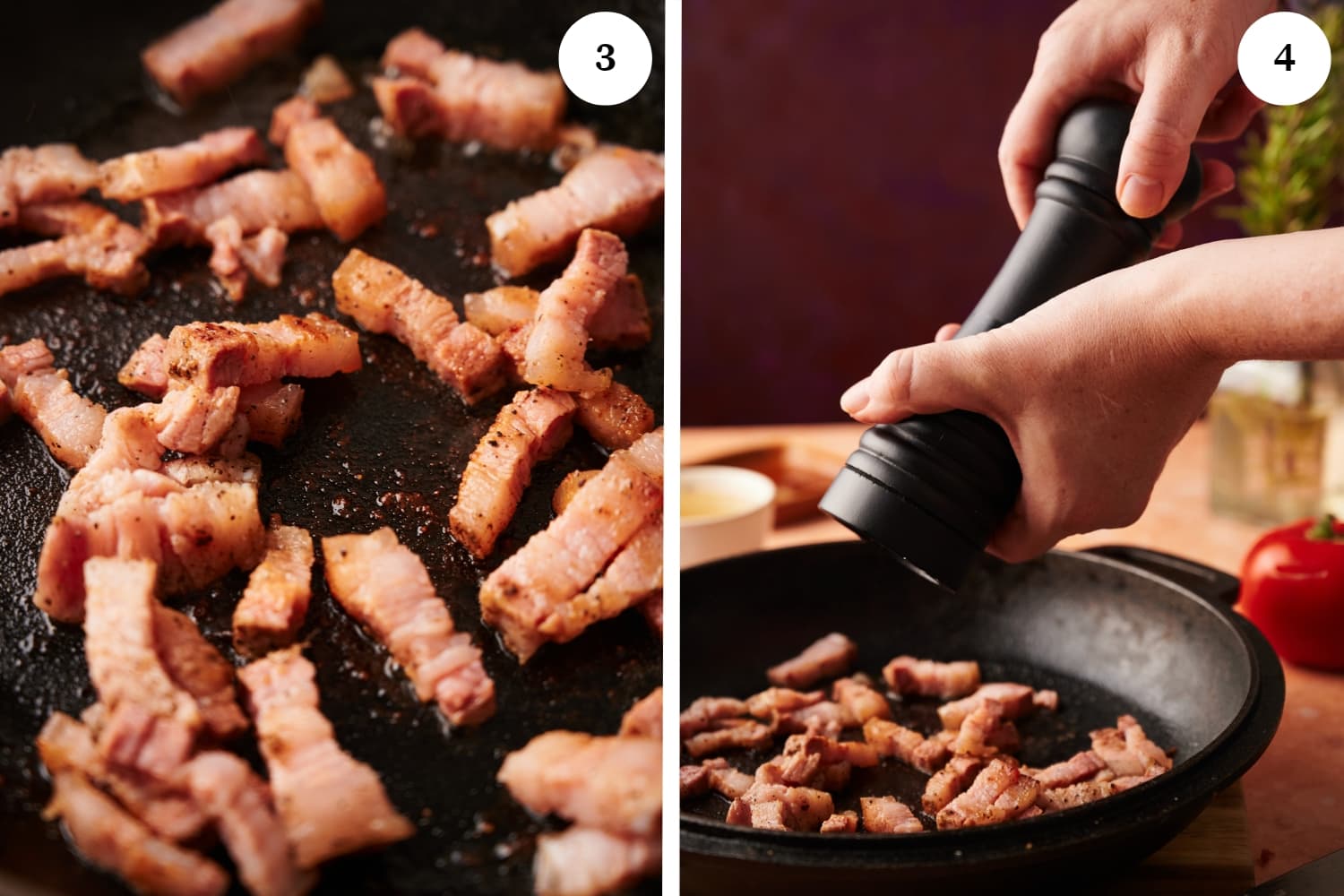 amatriciana procedure: guanciale being cooked in a skillet. next photo, guanciale in a pan with black pepper being grounded to it