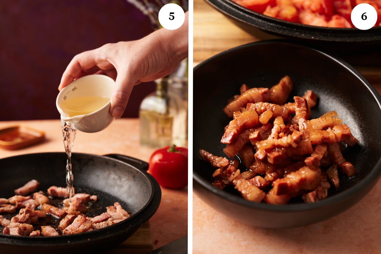 amatriciana procedure: white wine in a white bowl being poured into the pan with guanciale. next photo is cooked guanciale in a black bowl.