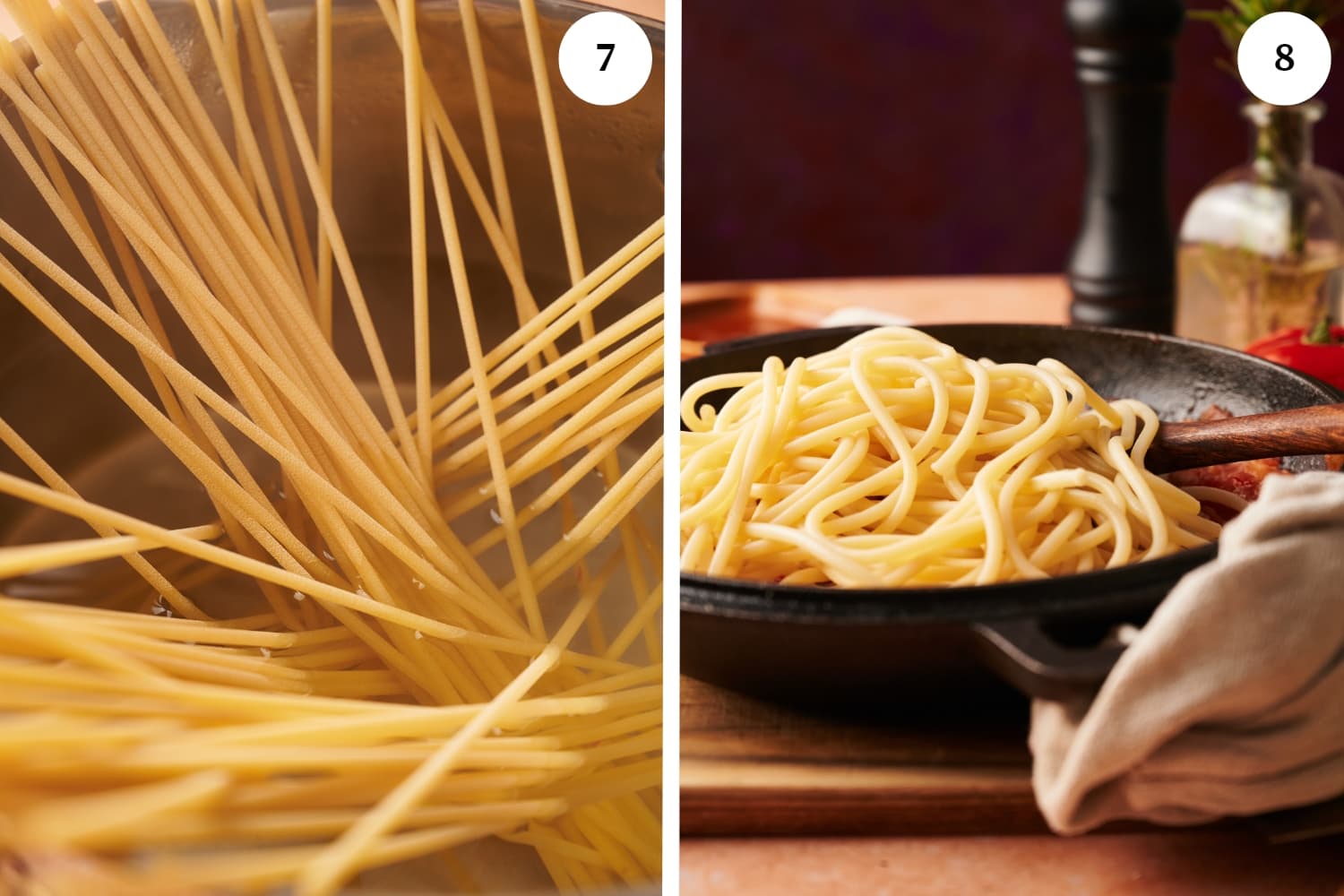 amatriciana procedure: bucatini pasta being cooked in a pot with water. other photo is cooked pasta in a bowl