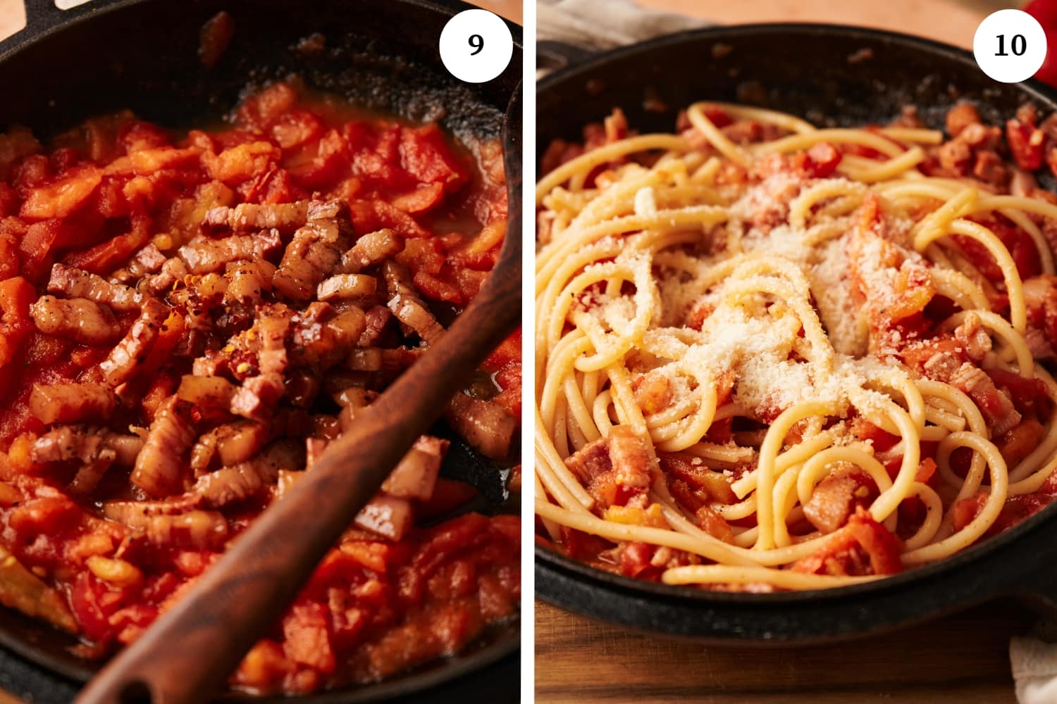 amatriciana sauce with guanciale on top with a wooden spoon. next photo is amatriciana mixed with the pasta with cheese on top.