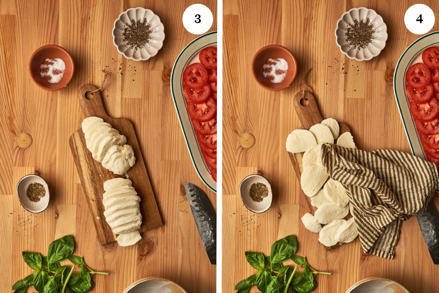 caprese salad procedure: sliced mozzarella on a chopping board next to a plate of sliced tomatoes. next photo is of a kitchen towel on top of the sliced mozzarella.