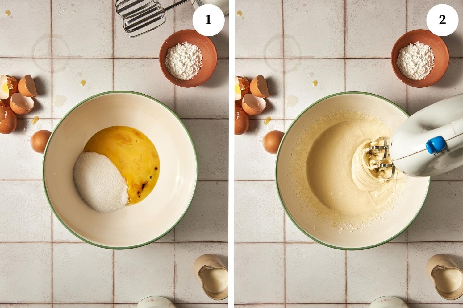 italian pastry cream procedure: egg yolks, sugar and vanilla in a bowl. whipped egg mixture.