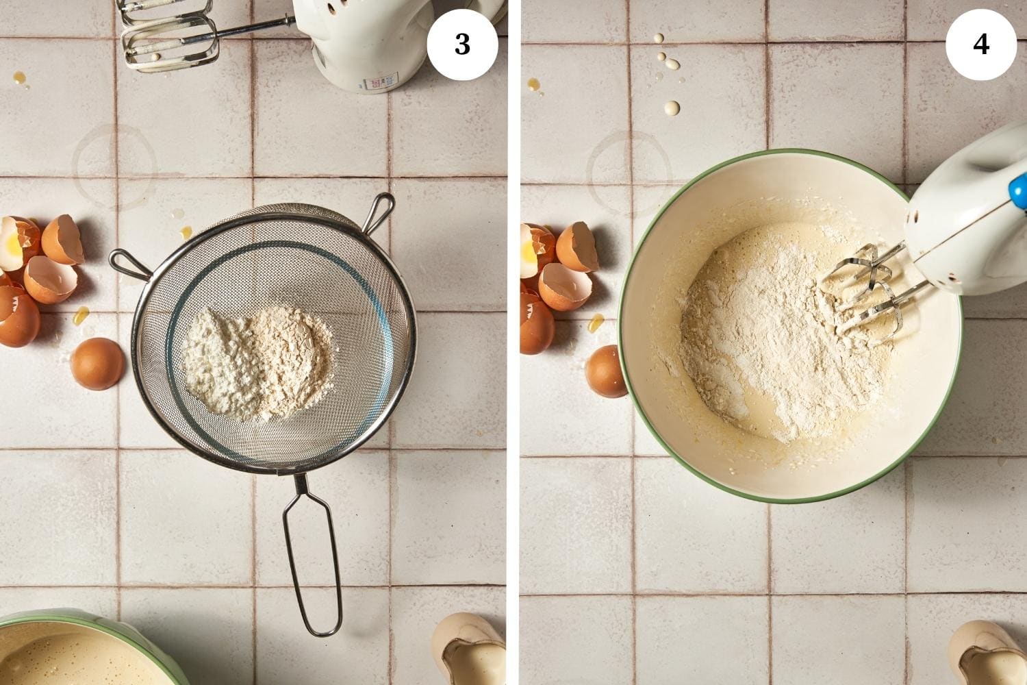 italian pastry cream procedure: flour and starch on a sieve on top of a glass bowl. other photo, batter in a bowl with flour and hand mixer.