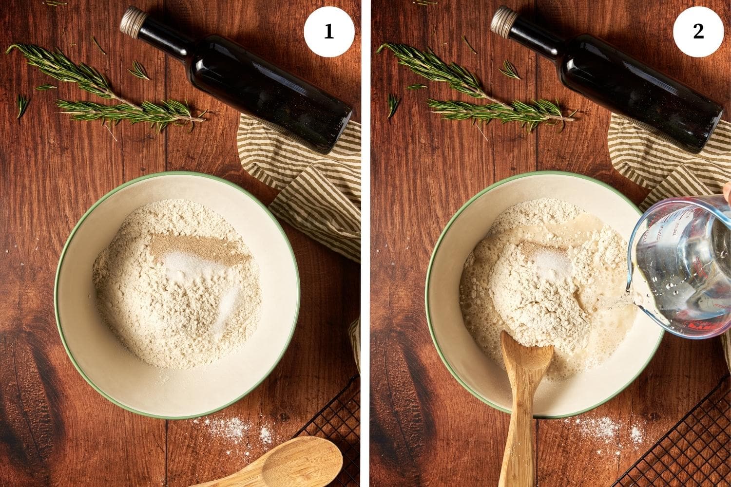 focaccia bread procedure: mixture of dry ingredients in a large bowl. other photo is water being added to the bowl.