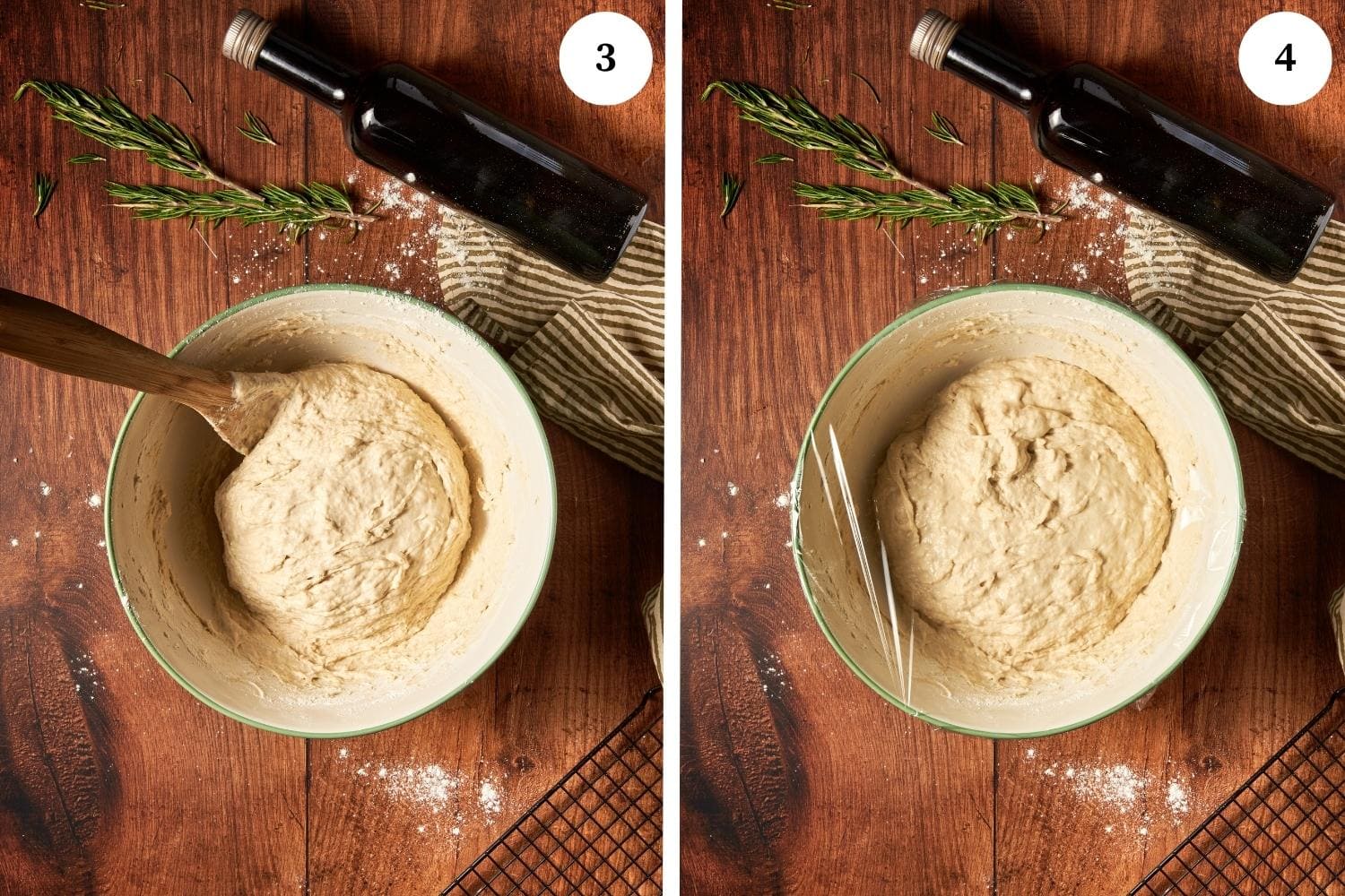focaccia bread procedure: dough mixed with a wooden spoon in a large bowl. next photo is bowl wrapped with plastic wrap.