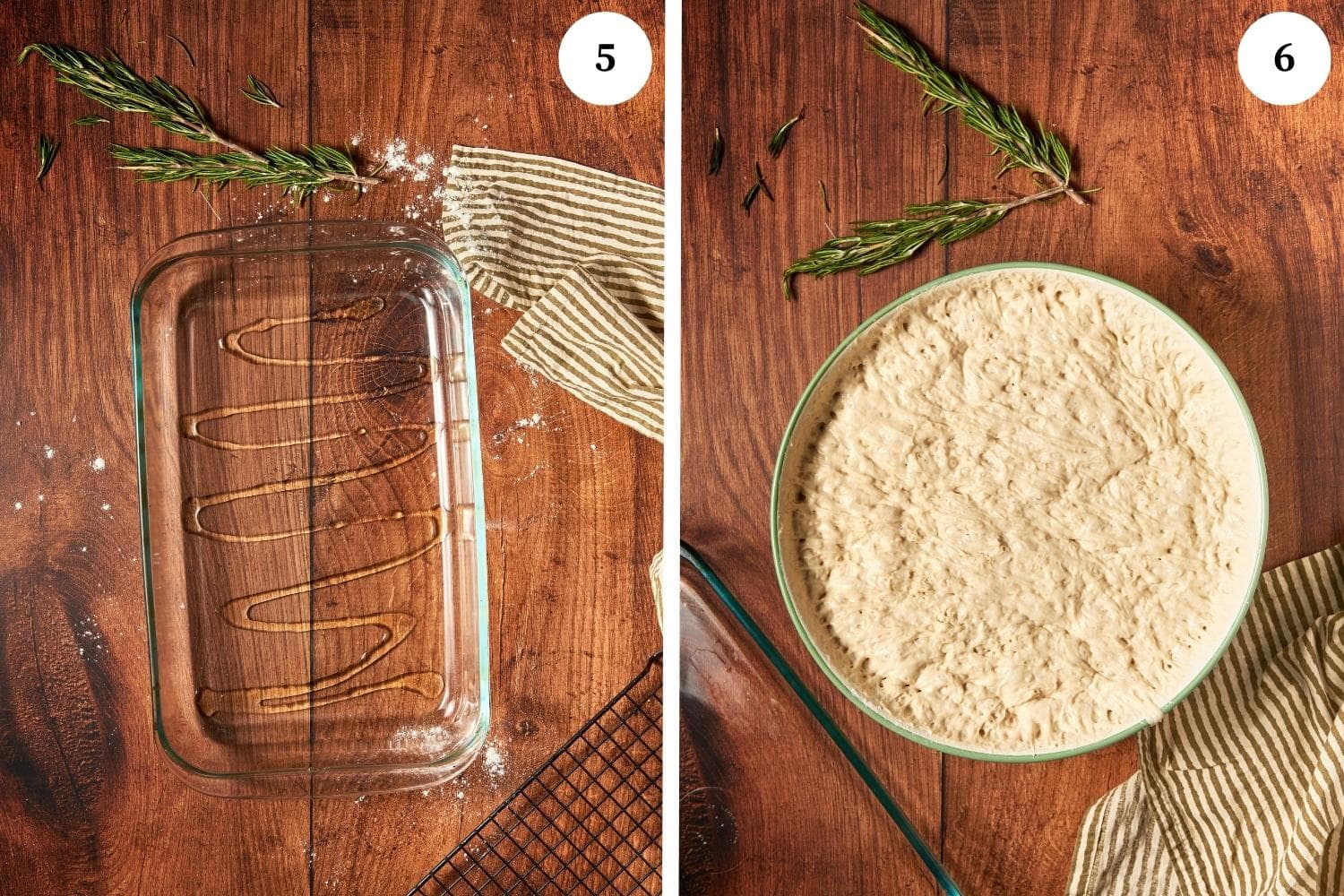 focaccia bread procedure: glass pan drizzled with olive oil. next photo is a bowl full of risen focaccia dough.